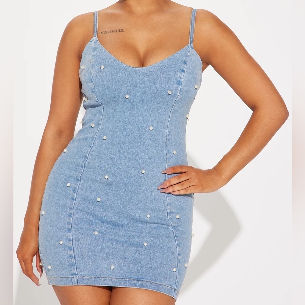 Fashion Nova Briella Pearl Light Wash Denim Mini Dress